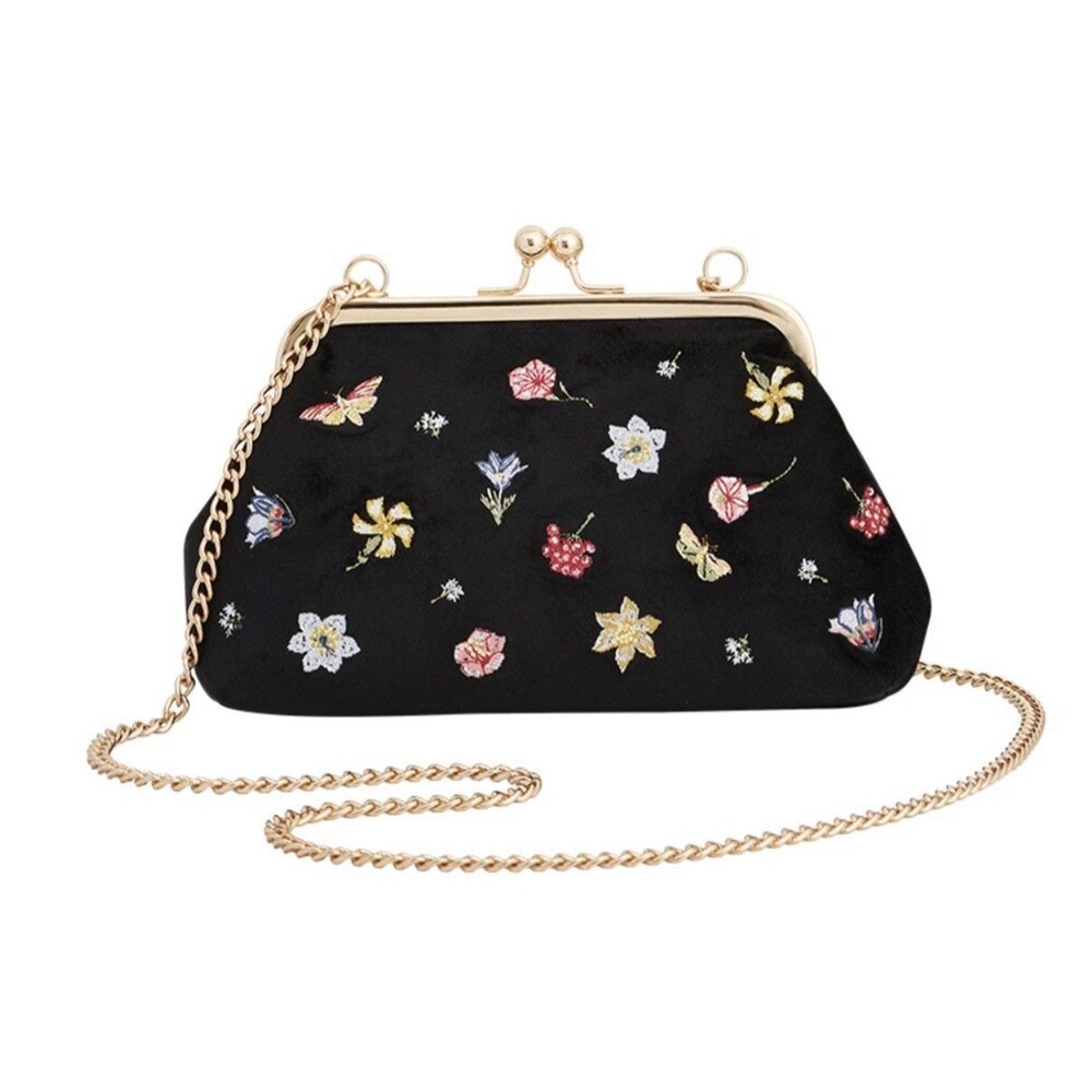 Fable Kisslock Black Floral Embroidered Velvet Clutch Bag Chain Strap NWT